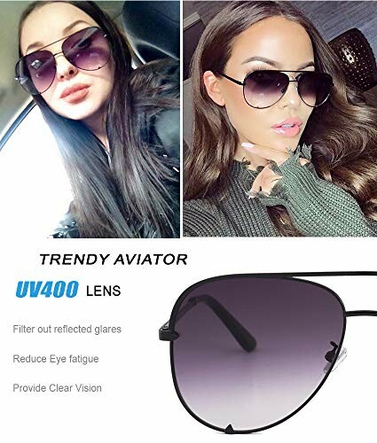 Women wearing aviator sunglasses with UV400 lens features.