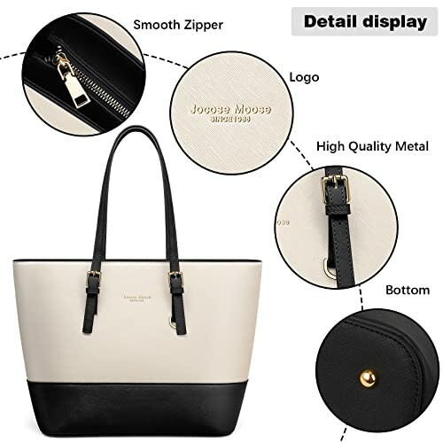 Detail display of a two-tone leather tote bag with smooth zipper, logo, high quality metal, and bottom view.