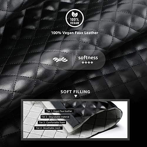 Black quilted vegan faux leather with softness indicator.