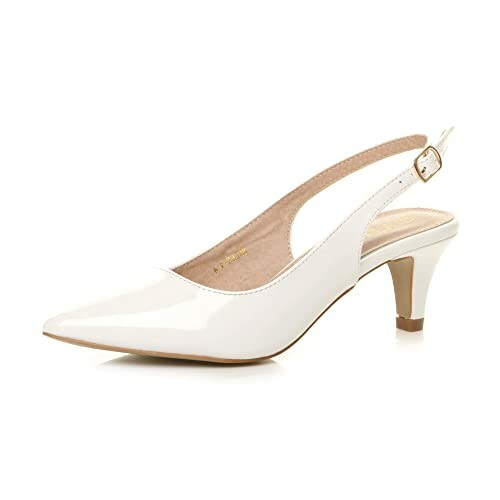 White patent leather slingback pump with mid-height heel.