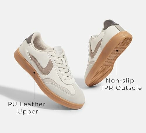White sneakers with PU leather upper and non-slip TPR outsole.