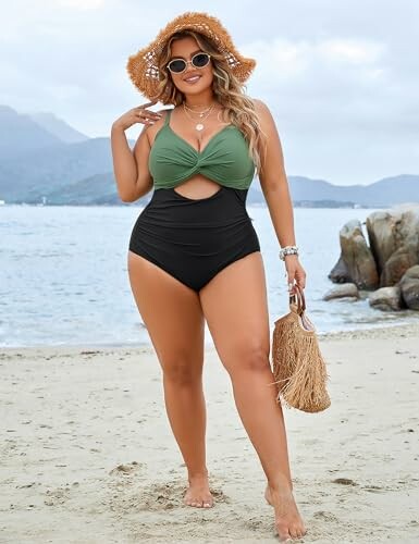 Woman in swimwear on a beach with a straw hat and sunglasses