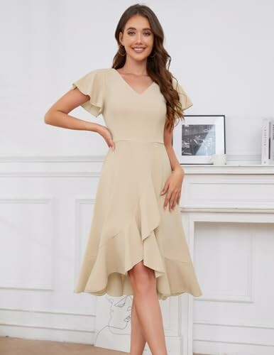 Woman wearing a beige dress with flutter sleeves