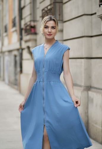 Woman in a blue dress posing on a city street