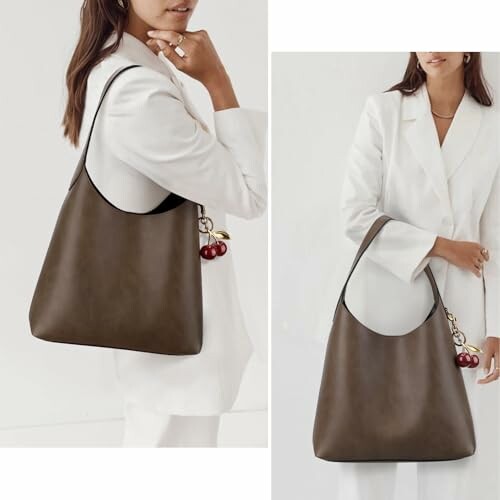 Woman in white suit holding a brown tote bag with cherry keychain.