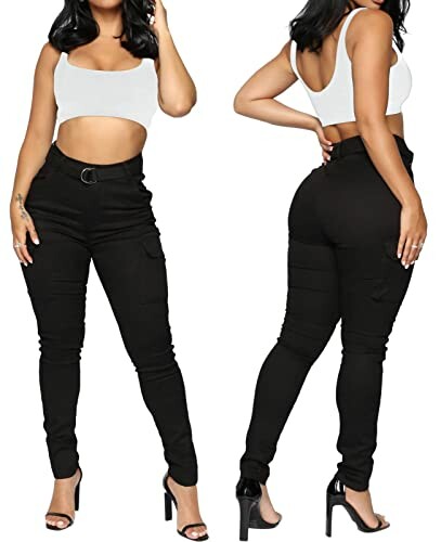 Woman wearing black pants and a white top, front and back view.