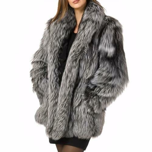 Woman wearing a gray faux fur coat