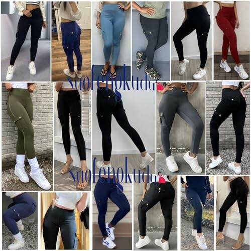 Collage of women wearing different styles of cargo leggings.