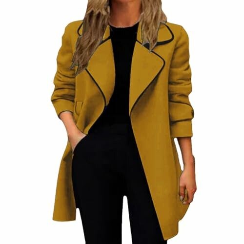 Woman wearing a yellow coat with black trim