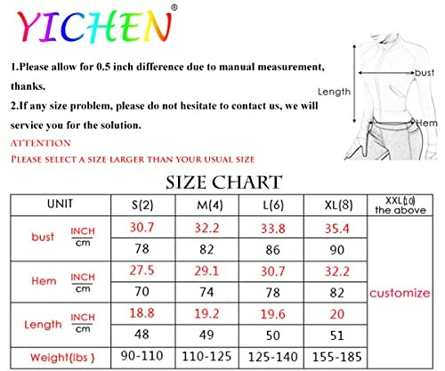 Yichen size chart with measurements for bust, hem, length, and weight.